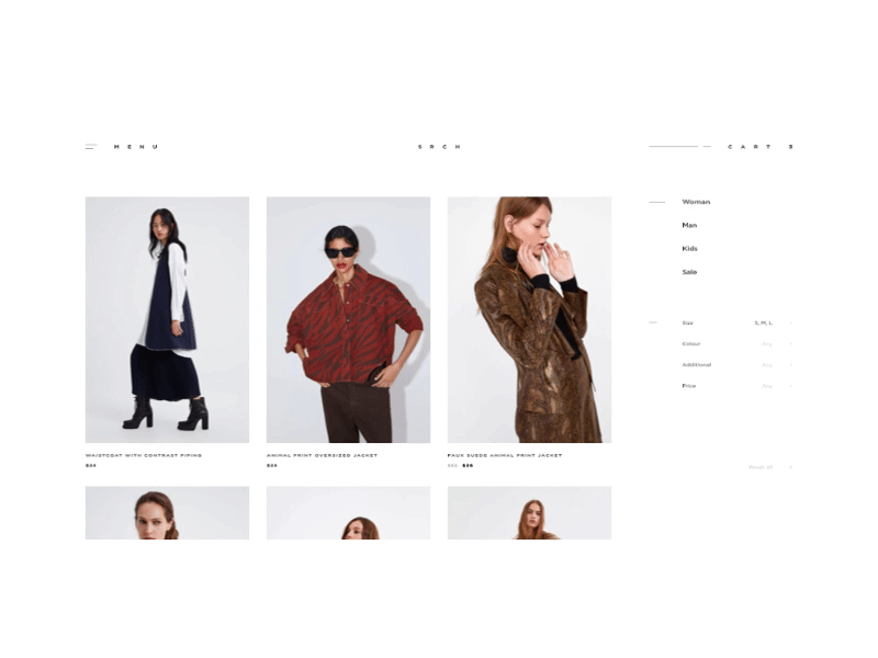 ZARA.COM REDESIGN CONCEPT. FOR PEOPLE, NOT FOR FASHION. 02. concept design ecommerce interaction menu menu design principle redesign screen transitions ui uiux ux uxui web design zara