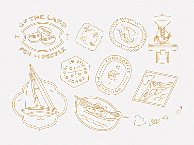 Kona Coffee Purveyors beans coffee handshake hawaii icons illustration monogram monoline roaster sailboat seal stamp volcano