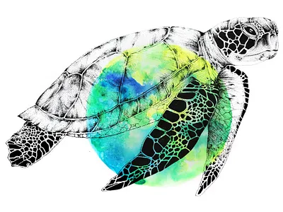 Stippled Sea Turtle Over Watercolor animal illustration dots dotwork drawing illustration inking micron pen mixed media neon colors neon paint ocean painting pen and ink pointillism sea turtle stippling turtle watercolor watercolor painting watercolour