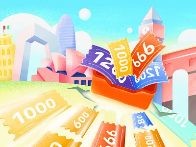 Lots of coupons building colorful colour design earth icon illustration promotion rupture tourism