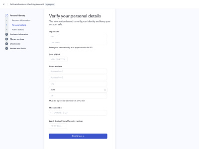 Business Checking Account Form banking completion path design system enterprise finance form form fields multistep progress indicator setup step text field uiux ux validation web web design wizard