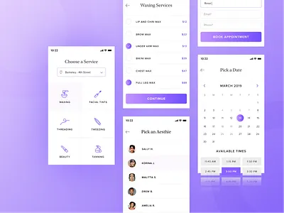 Beauty Services Booking Application app design appointment beauty calendar clean flow minimal mobile purple services ui ux