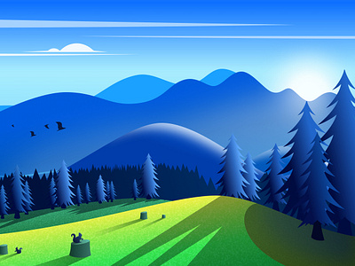 Sunrise in the Forest cloud forest illustration mountain mountains nature pines sky spring squirrel sun sunny sunrise tree
