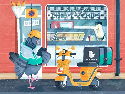 Delivercoo animal bird character character design chips deliveroo delivery digital painting fish and chips food illustration moped pigeon procreate procreateapp scooter seagull takeaway takeout transport