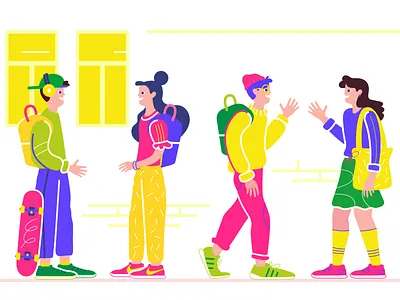 RoboMG - Rythovius 03 animation backpack boy bright colours character character design education girl illustration kids learning school schoolyard skateboard talking vector