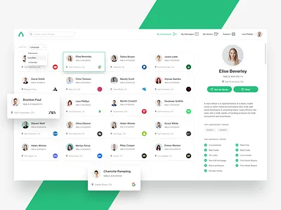 Connections Page. boards card connection design green grey loan messages minimal profile typography ui ux web