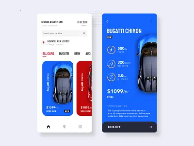 Car Rental App book bugatti car card dailyui date dribbbe home landingpage location menu nearby rental slide