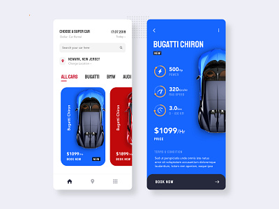 Car Rental App book bugatti car card dailyui date dribbbe home landingpage location menu nearby rental slide
