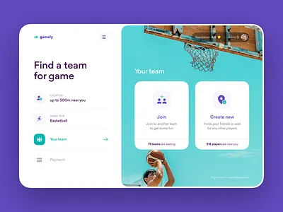 Gamely Product Design – Team for Sport Game app booking app design grid layout interface layout product design saas design sport ui ux ux design web web app web design website design