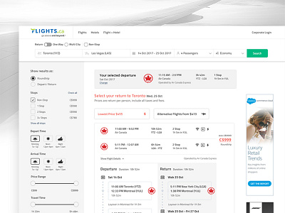 Flights.ca Desktop Search Redesign adobe adobe xd adobexd clean design desktop design flight booking flight search flights flights ca google flights search results ui ui design user experience user interface ux ux design web website