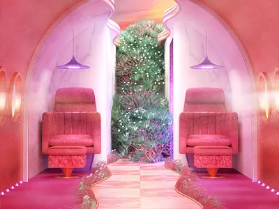 away we go 3d airplane architecture cinema 4d concept art futuristic octane pink plants retro scifi surreal