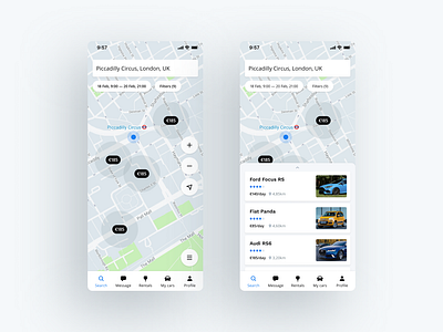 Car Sharing Mobile App app auto car car sharing design ios map mobile mobile app rent ride roadtrip search share ui ux
