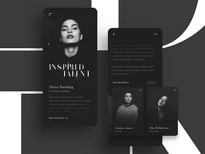 Inspired Again app apparel article blog card clean dark fashion grid landing layout minimal model shadow simple typography ui website