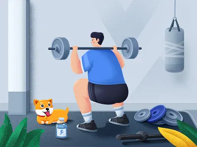 Weight Lifting barbell blue bottle carpet design dog dumbbell green leaf man orange ps punchbag shoes wall