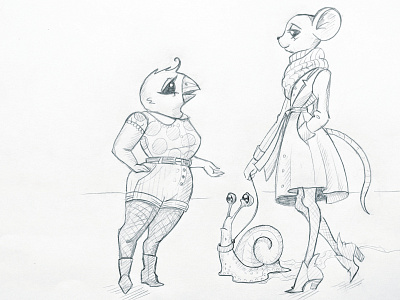 Bird, Mouse & Snail Character Sketch anthropomorphic bird book character childrens cute design drawing female kids mouse sketch snail woman women