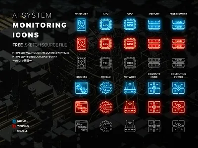 AI system monitoring icons - free sketch file black dark free free icon set icon icon set icons neon sketch system system icon