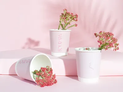 Four Spa beverage branding coffee cups food and beverage logo nail salon packaging paper cups pink spa tea