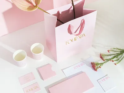 Four Spa bag brand identity branding collateral cups pink shopping bag