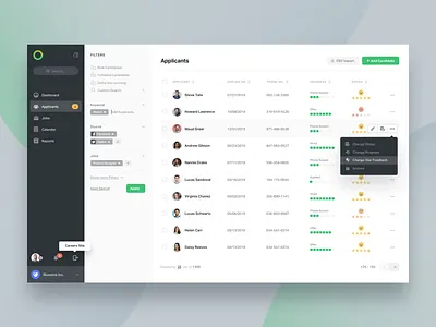 Applicants Page applicants dashboad filter green hr hr platform jobs list progress table ui ux