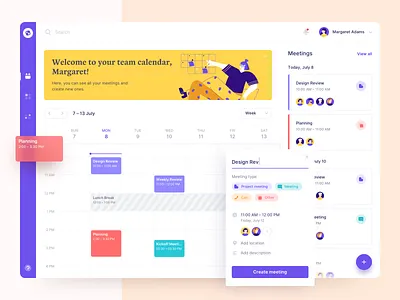 Dashboard - Meeting Scheduler app calendar cards clean colored dashboard events illustration interface meeting pallete product design schedule ugem ui users ux web web design