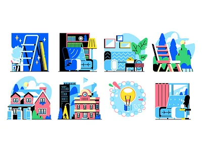 Illustration Style Experiment #3 armchair building chair city house illustration ladder lamp lightbulb sofa