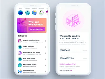 DoNotPay Home Screen and Bank Information Screen access app donotpay interface mobile money solution ui