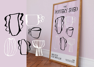 The Pottery Shed - a pottery lovers poster/print art direction graphic design illustration mid century modern monochrome poster print