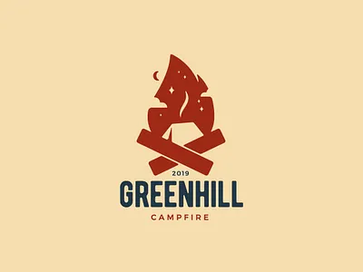 Greenhill Campfire | Fire + Camping Logo bonfire brand brand identity camp campfire camping fire fire logo flame hot illustration logo logo design logodesign logotype negative space negative space logo night summer tend