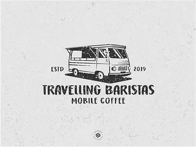 Travelling Baristas cafe truck classic car food truck illustration logo design mobile cafe organic vintage