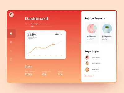 Commerce Dashboard UI app cards chart commerce gradient graph icons illustration ios material mobile sales social stats ui web