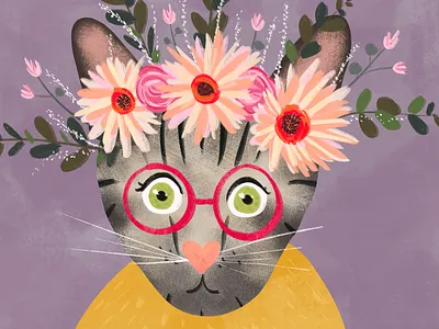 Tabby portrait detail botanical cat colorful cute digital drawing flat floral clipart floral crown flowers glasses illustration kitty pet pet portrait pink portrait print procreate