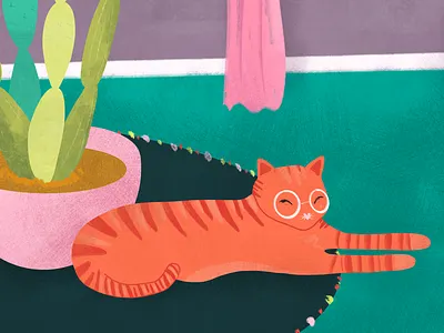 Ginger kitty detail art botanical cactus cat color colorful digital drawing flat illustration kitty milwaukee nopal pink plants print procreate
