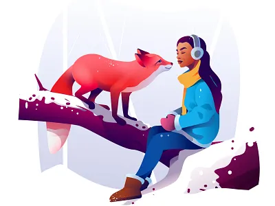 Winter bliss animal character colorful flat fox gradient illustration orange vector woman