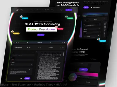 TalkGPL - AI (Artificial Intelligence) Writer Landing Page ai ai chat ai writer artificial intelligence dark mode framer gradient homepage landing page machine learning product design ui ui design vektora web web design webflow website website design writer