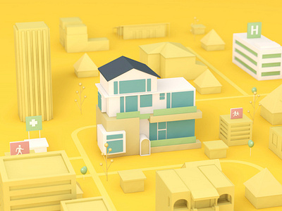 House c4d house ui yellow 场景 城市 楼房 设计
