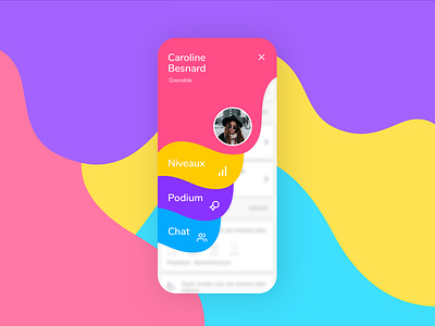 Playful drawer menu blue colors drawer drawer menu fun icons levels list menu mobile nav pink profile purple shapes shell stats ui ux yellow