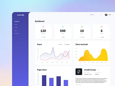 Embedify Dashboard admin application chart dashboard design graph knowledgebase site ui ux