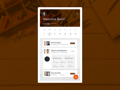 Tailoring App: Tailor Side Home Screen app design brown calendar fabric flat flat design homescreen iconography ios app latest listing minimal app stylish tailor trendy ui design ux ui