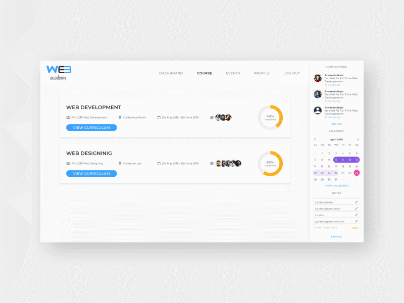 Student Portal Course Page [WE3 Academy] @daily ui @dailyui @design adobe xd after effects dark theme student portal webapp webapps website
