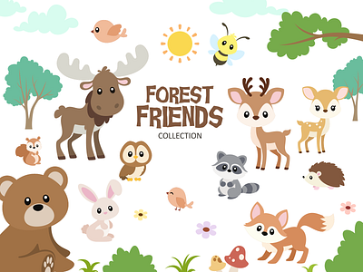 Forest Friends animals cute flat design forest illustration png svg vector