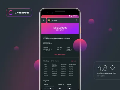 CheckPool - Cryptocurrency mining pool monitor design android app dark design details logos mobile screen ui ux vibrant