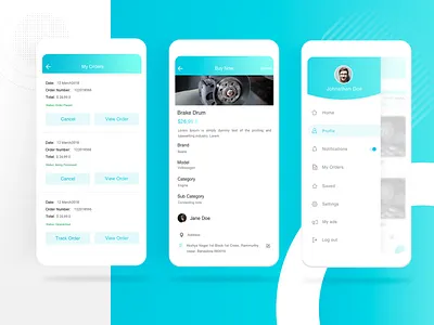 sell & purchase app ui application design buy now car parts cards color design detail page eccomerce my order shopping shot side menu ui ui ux uxdesign