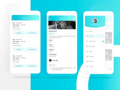 sell & purchase app ui application design buy now car parts cards color design detail page eccomerce my order shopping shot side menu ui ui ux uxdesign