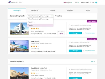 Archimedicx website - Messages page branding cards cta button design dropdown expand hospitals hover interaction design logo messages product design rating responsive tabs ui ux web web design website