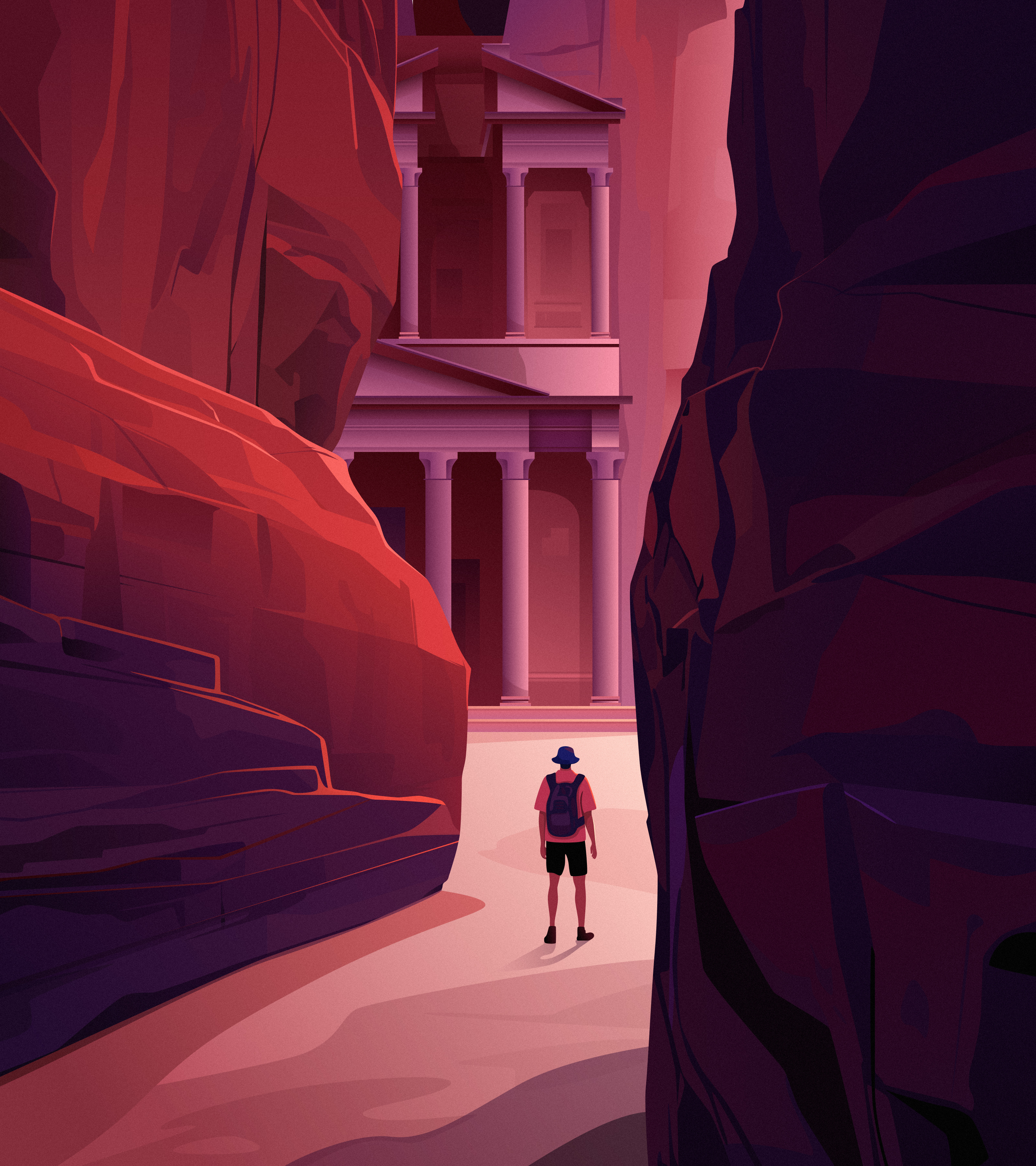 The Rose City – Petra’s Hidden Entrance ancient ruins architecture art direction desert design digital art digital illustration drawing illustration landmark landscape mountain painting petra pink purple travel traveler vector vector illustration