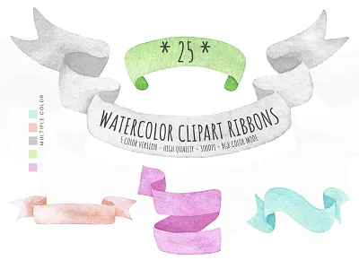 Watercolor Ribbons Clip Art art work birthday elemetns black and white ribbons clean clip art elegant elements graphics elements green ribbons illustration invitation layout light blue ribbons banner multipurpose pink ribbons ribbon banner ribbons simple watercolor art watercolor ribbons