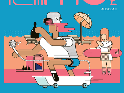 Audioban Temmuz artwork audioban beach burak beceren calendar character design design event flat flyer graphic design illustration program skater skater boy surf surfer girl typography umbrella vector