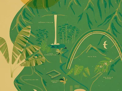 Mānoa Valley aloha hawaii illustration leaves map mountains oahu rainbow travel vintage waterfall