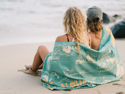 E Komo Mai hawaii illustration map towel vintage waves