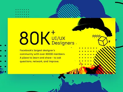 Facebook cover design - UI /UX designers FB community 80000 80k abstract banner facebook facebook designer community fb cover fb cover design fb post geometric elements modern retro suresh babu nr toopi uiux designers community yellow